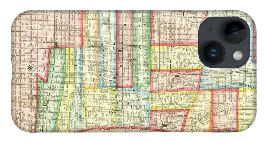Map iPhone 14 Case featuring the mixed media Plan of Philadelphia, 1860 by Augustus Mitchell