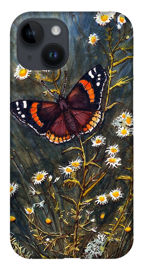Red Admiral Butterfly iPhone 14 Case featuring the painting Red Admiral and Wild Aster by Katherine Miller
