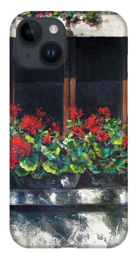 Red Geraniums iPhone 14 Case featuring the painting Red Geraniums Window by Lynne Pittard