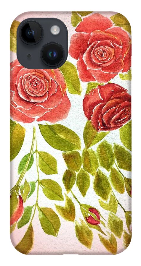 Red iPhone 14 Case featuring the painting Red Rose Floral Pre Framed by Delynn Addams