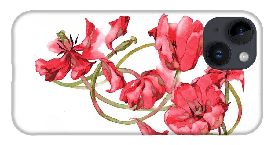Russian Artists New Wave iPhone 14 Case featuring the painting Red Tulips Vignette by Ina Petrashkevich