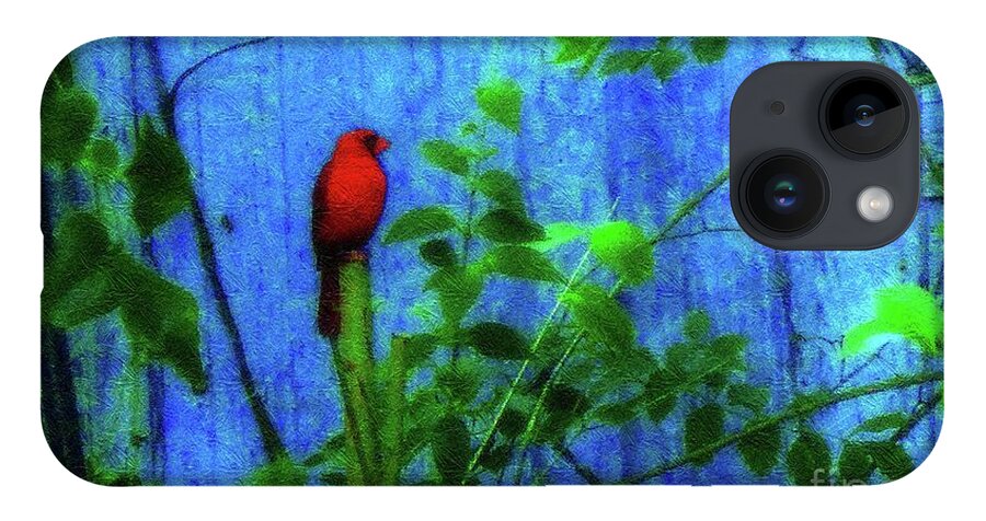 Earth Day iPhone 14 Case featuring the photograph Redbird Enjoying the Clarity of a Blue and Green Moment by Aberjhani