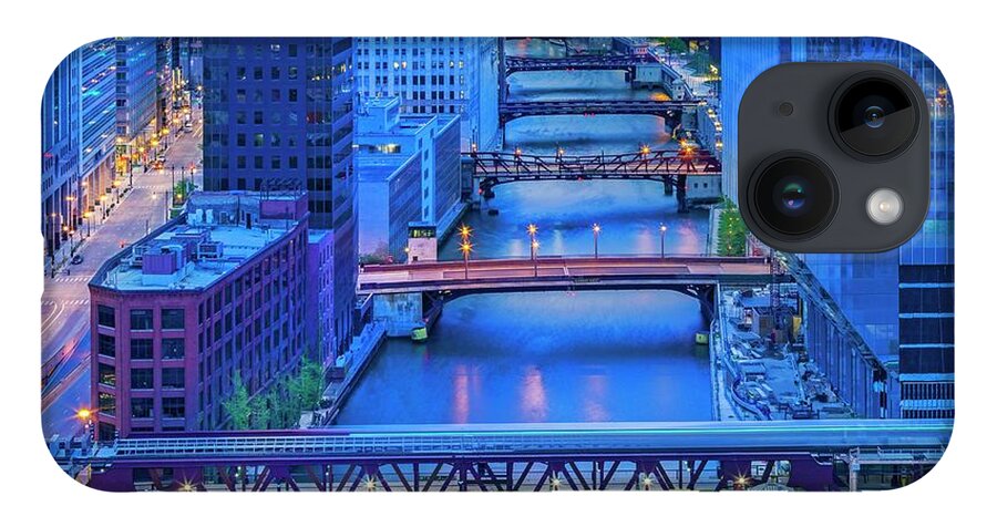 Estock iPhone 14 Case featuring the digital art River & Bridges, Chicago, Il by Claudia Uripos