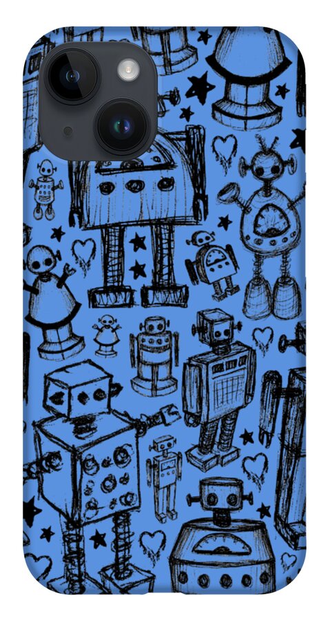 Robot iPhone 14 Case featuring the drawing Robot Crowd Graphic by Roseanne Jones