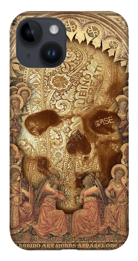 Sign iPhone 14 Case featuring the painting Rubino One World No Fear Gold Skull by Tony Rubino