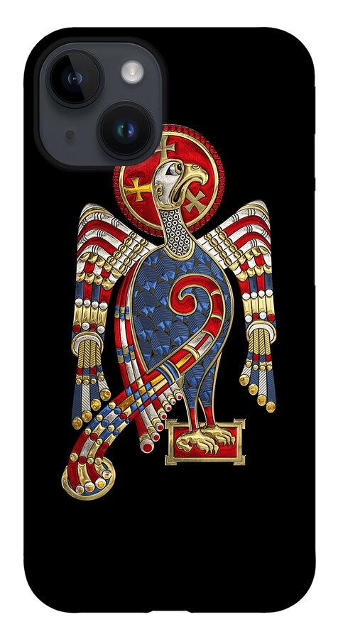 ‘celtic Treasures’ Collection By Serge Averbukh iPhone 14 Case featuring the digital art Sacred Celtic Eagle over Black Canvas by Serge Averbukh