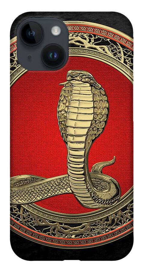 'beasts Creatures And Critters' Collection By Serge Averbukh iPhone 14 Case featuring the digital art Sacred Gold King Cobra on Black Canvas by Serge Averbukh