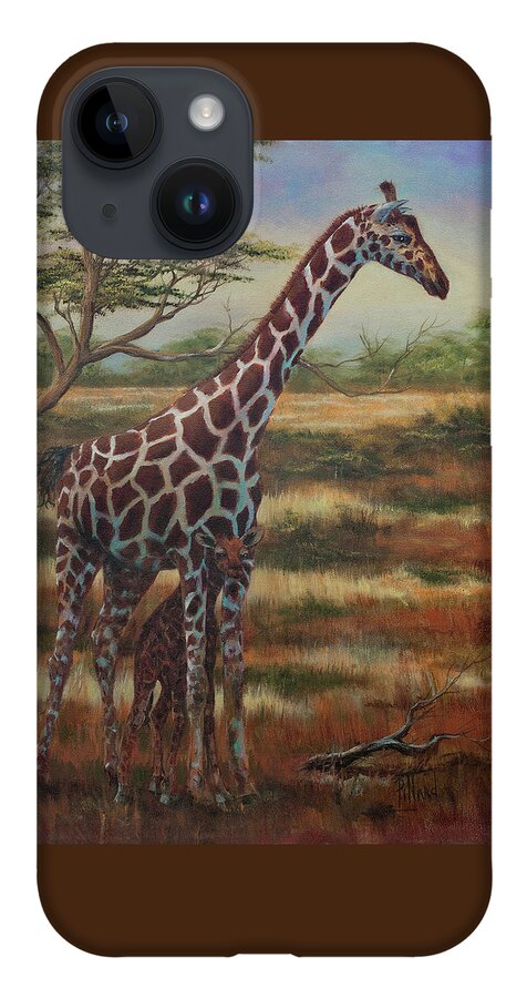 Giraffe iPhone 14 Case featuring the painting Safe Haven by Lynne Pittard