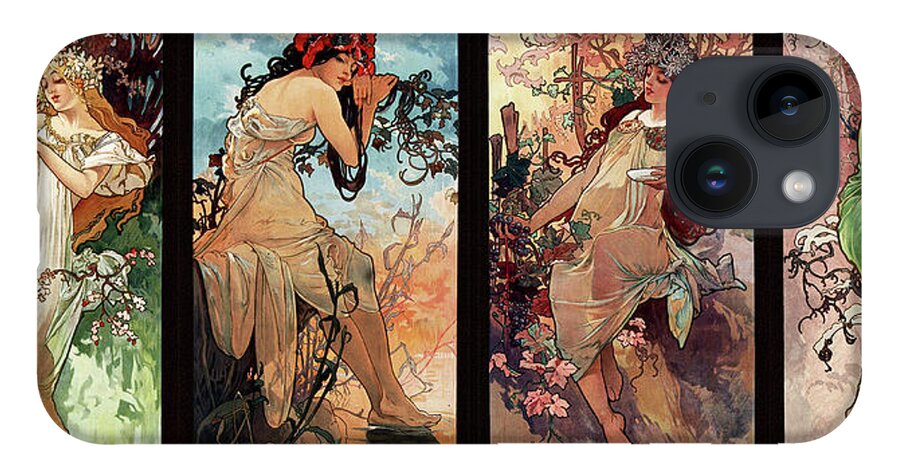 Seasons iPhone 14 Case featuring the painting Seasons by Alphonse Mucha by Rolando Burbon