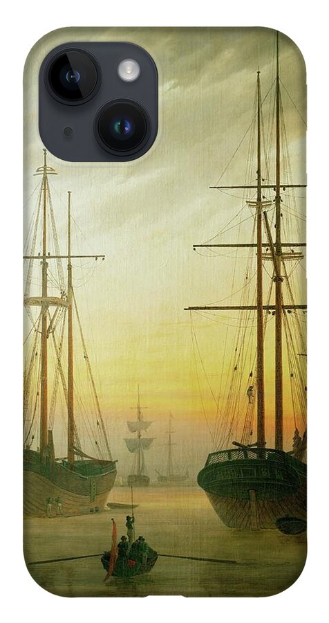 Caspar David Friedrich iPhone Case featuring the painting Ships in the harbour. Oil on canvas. by Caspar David Friedrich -1774-1840-