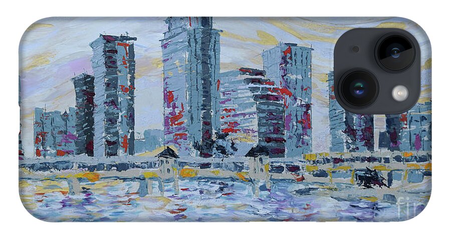 Tampa Skyline iPhone 14 Case featuring the painting Silvery Tampa Skyline by Jyotika Shroff