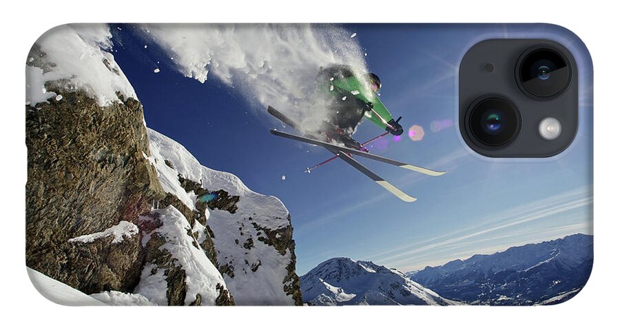 Young Men iPhone 14 Case featuring the photograph Skier In Midair On Snowy Mountain by Michael Truelove