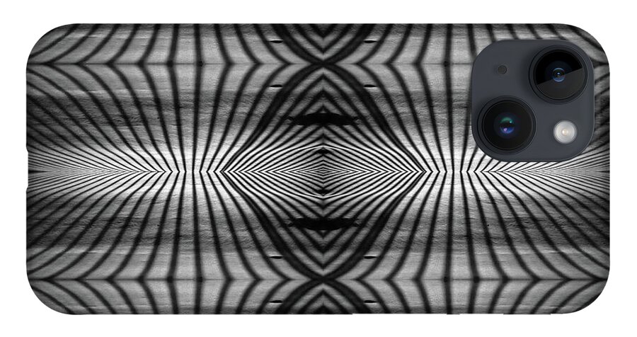 Abstract Mirrored Geometry B&w Black And White Snow Patterns Shapes Modern Vertical Horizontal iPhone 14 Case featuring the photograph Snow Shadows - Abstract mirrored shadow pattern cast by deck railing on fresh snow at night by Peter Herman