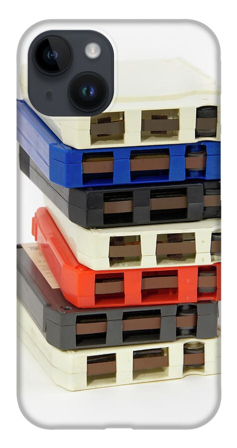 White Background iPhone 14 Case featuring the photograph Stack Of 8-track Tapes From The by David Mcglynn