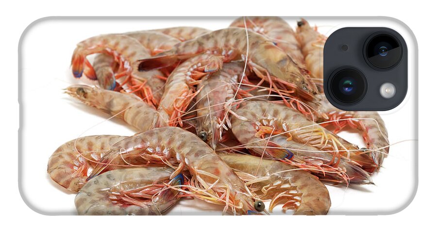 White Background iPhone 14 Case featuring the photograph Stack Of Raw Fresh Shrimps by Ursula Alter