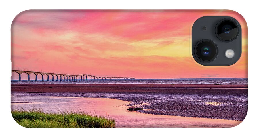 Pei iPhone 14 Case featuring the photograph Summer Sunset at Confederation Bridge, Painterly by Marcy Wielfaert