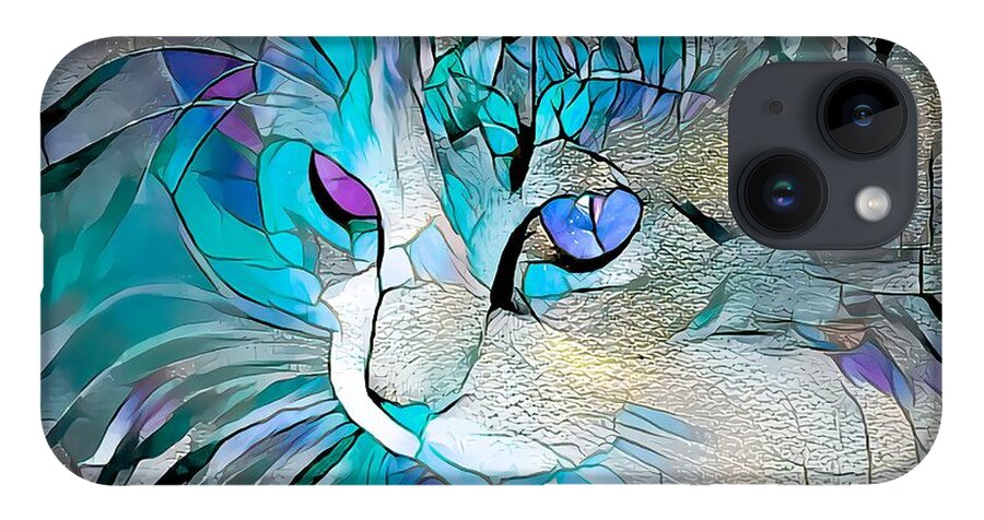 Glass iPhone 14 Case featuring the digital art Super Stained Glass Kitten Blue by Don Northup