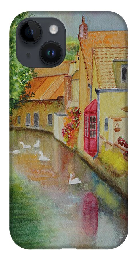 Bruges iPhone 14 Case featuring the painting Swan Canal by Karen Fleschler