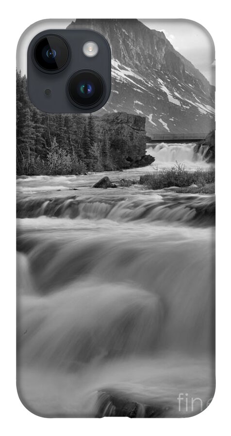 Swift Current Falls iPhone 14 Case featuring the photograph Swiftcurrent Falls Spring SUnset Black And White by Adam Jewell