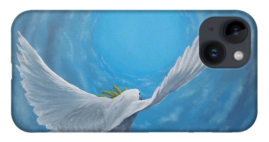 #god #spritual #dove #peace #love #war #doubt #sky #blue #bird #wildlife #clouds #fine Art #art #oil #painting iPhone 14 Case featuring the painting Take the Space Between Us by Kevin Daly