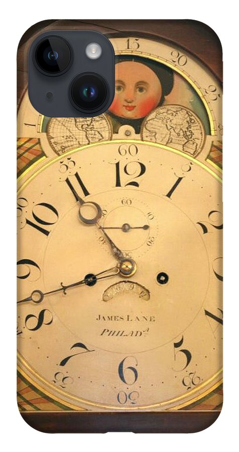 Lane iPhone 14 Case featuring the mixed media Tall case clock face, around 1816 by James Lane