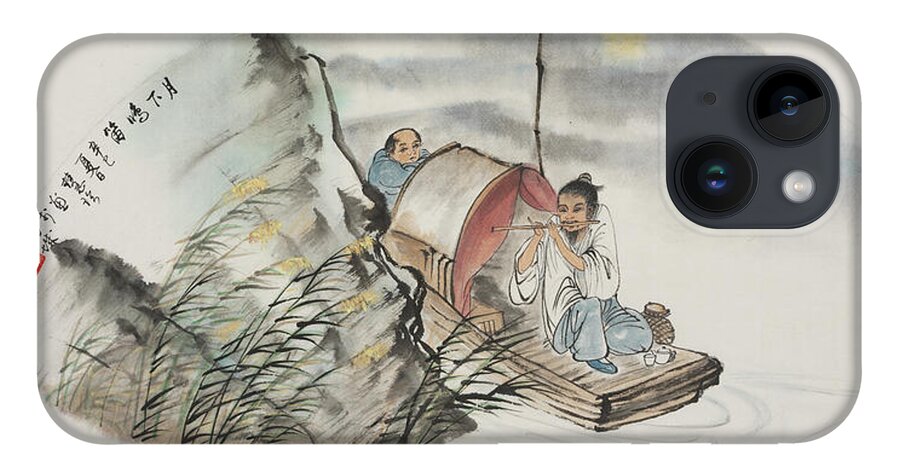 Chinese Watercolor iPhone 14 Case featuring the painting Moonlight Flute Player by Jenny Sanders