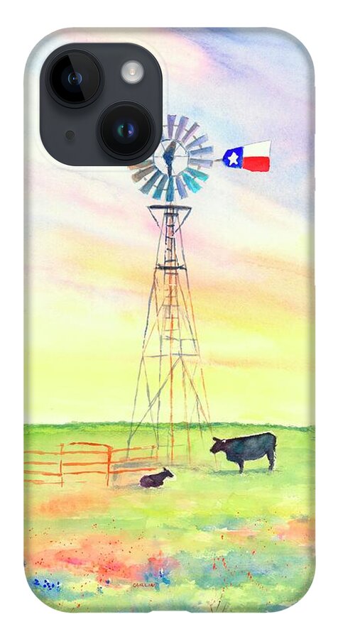 Windmill iPhone Case featuring the painting Texas Windmill Bluebonnets and Cattle by Carlin Blahnik CarlinArtWatercolor