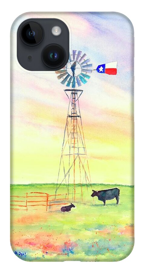 Texas Prairie Landscape iPhone 14 Case featuring the painting Texas Windmill Bluebonnets and Cattle by Carlin Blahnik CarlinArtWatercolor