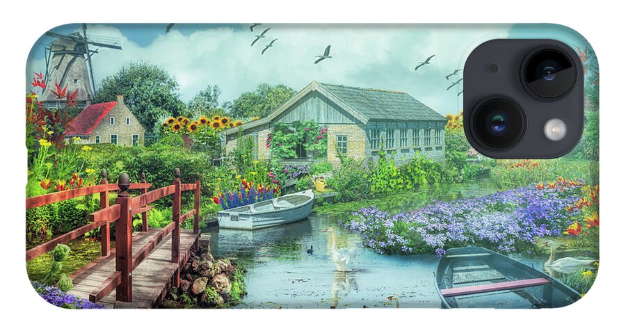 Barn iPhone 14 Case featuring the digital art The Beauty of Flowers in Holland on a Misty Morning by Debra and Dave Vanderlaan
