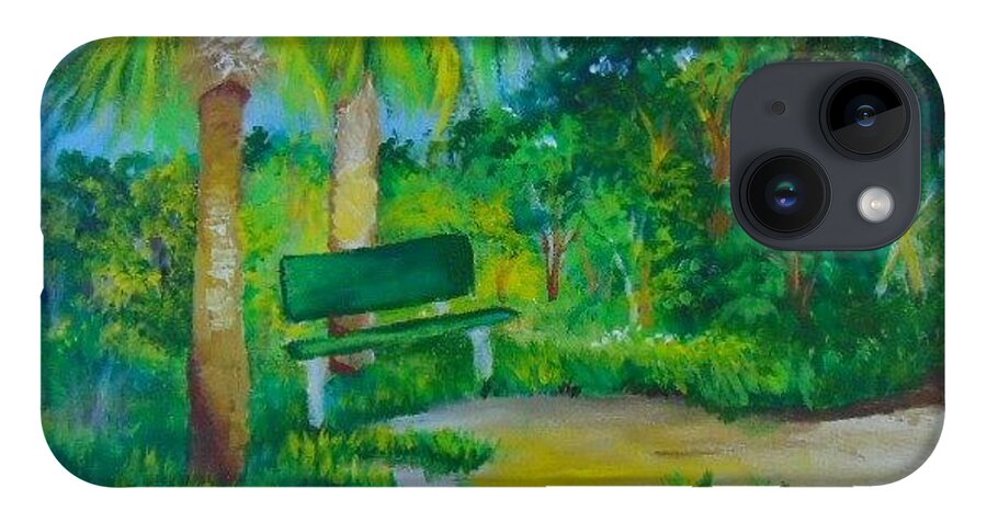 Green iPhone 14 Case featuring the painting The Green Bench by Saundra Johnson