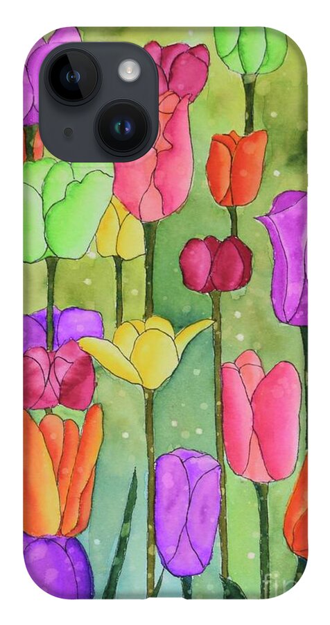 Barrieloustark iPhone 14 Case featuring the painting #628 The Many Colors Of Tulips #628 by Barrie Stark