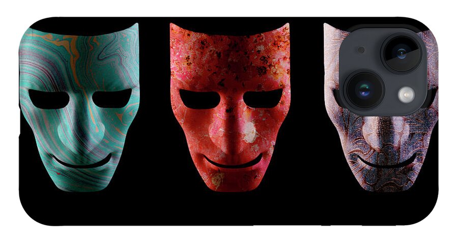 Mask iPhone 14 Case featuring the photograph Three textured AI robotic face masks by Simon Bratt