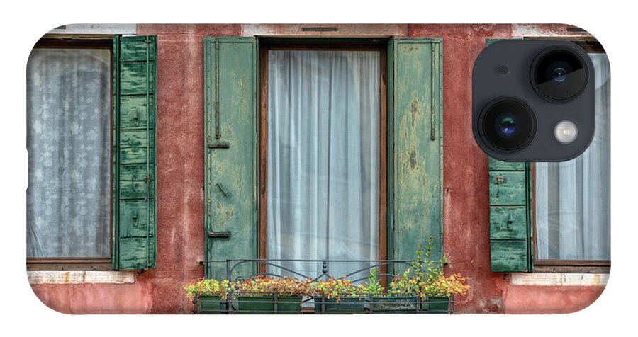 Venice iPhone 14 Case featuring the photograph Three Windows with Green Shutters of Venice by David Letts