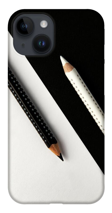 Pencil iPhone Case featuring the photograph Two drawing pencils on a black and white surface. by Michalakis Ppalis
