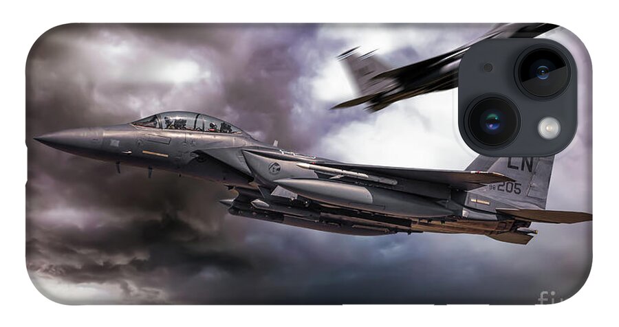 F15 iPhone Case featuring the digital art Two F-15E Strike Eagle passing in storm clouds by Simon Bratt
