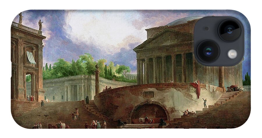 View Of Ripetta iPhone 14 Case featuring the painting View of Ripetta by Hubert Robert by Rolando Burbon