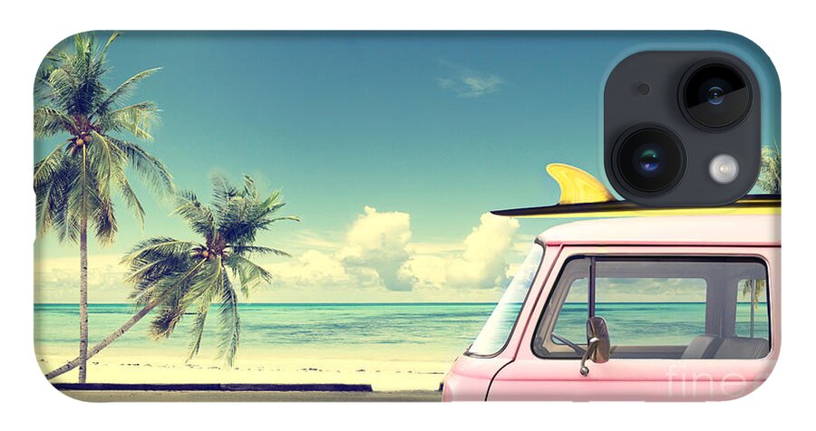 Pink iPhone 14 Case featuring the photograph Vintage Car In The Beach by Jakkapan