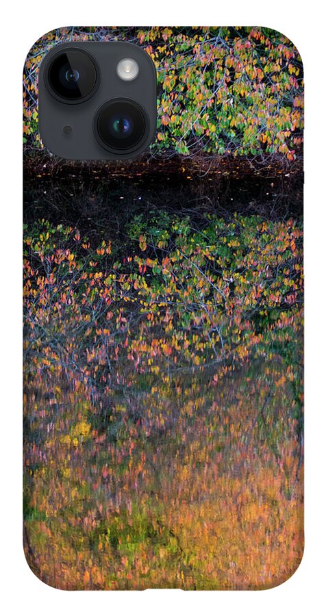 Wild Cherry iPhone 14 Case featuring the photograph Wild Cherry tree in the Fall, golden reflections on the river by Anita Nicholson