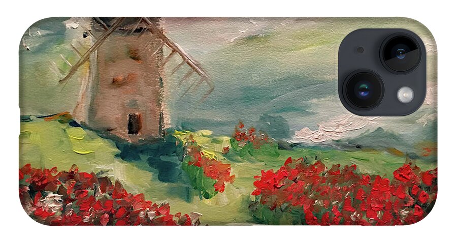 Windmill iPhone 14 Case featuring the painting Windmill in a Poppy Field by Roxy Rich