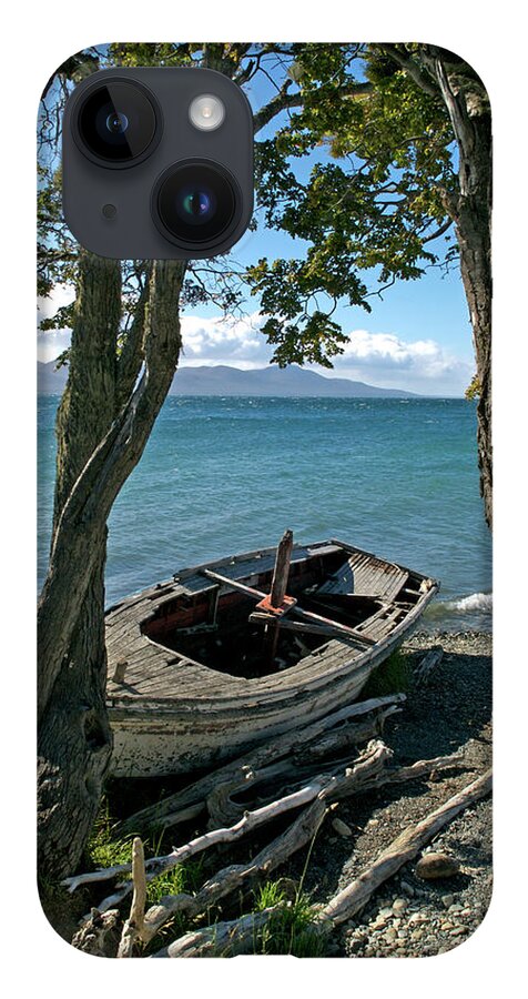 Argentina iPhone 14 Case featuring the photograph Wrecked Boat Patagonia by Mark Duehmig