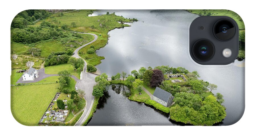 Ireland iPhone 14 Case featuring the photograph Aerial drone landscape of St. Finbarr oratory Church, Gougane Barra, cork West Ireland. by Michalakis Ppalis
