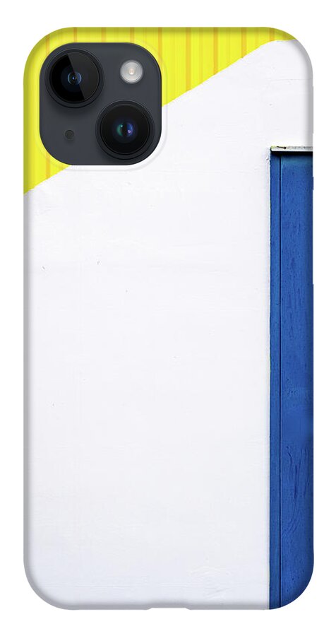 Minimal iPhone 14 Case featuring the photograph Blue close metal door on a white and yellow wall. #1 by Michalakis Ppalis