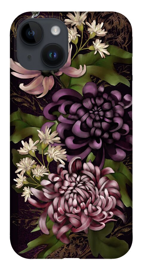 Chinoiserie iPhone 14 Case featuring the digital art Chrysanthemums and Butterfly Modern Chinoiserie dark purple by Sand And Chi