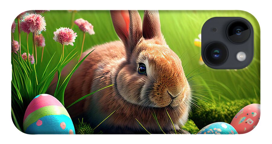 Easter iPhone 14 Case featuring the digital art Cute easter bunny in grass and daisy flowers nest with colorful by Jelena Jovanovic
