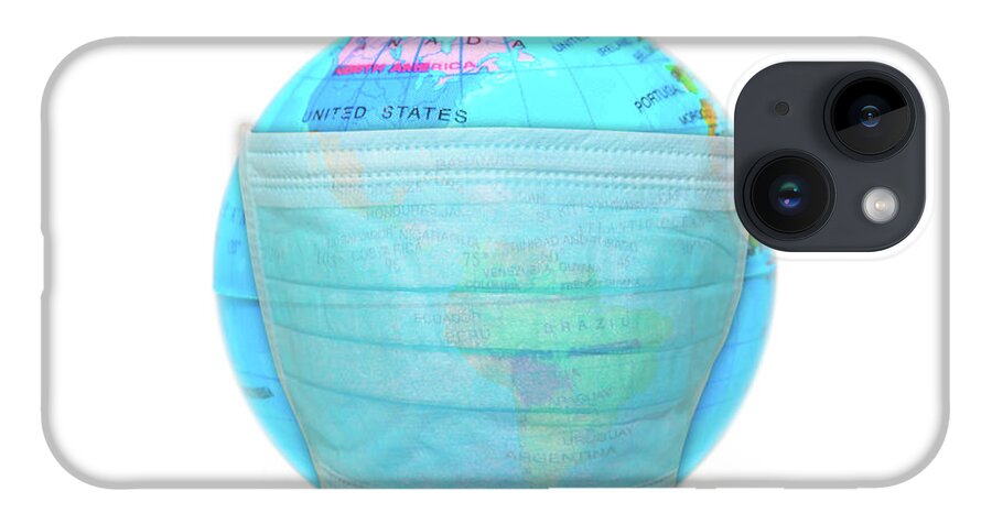 Coronavirus iPhone 14 Case featuring the photograph Face Mask On Sick World Globe #1 by Benny Marty