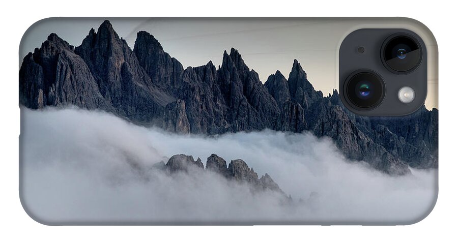 Dolomiti iPhone Case featuring the photograph Mountain landscape with mist, at sunset Dolomites at Tre Cime Italy. by Michalakis Ppalis