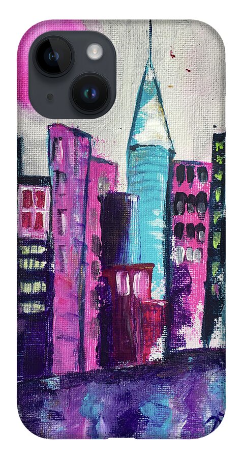 City iPhone Case featuring the painting Pink Moon City by Roxy Rich