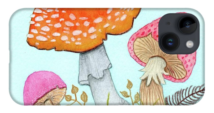 Retro Mushrooms iPhone 14 Case featuring the painting Retro Mushrooms 3 by Donna Mibus