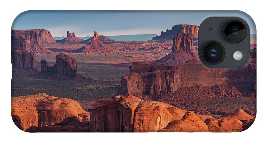 Southwest Desert Arizona Monument Valley Dineh Sunrise Stagecoach Red Rock Colorado Plateau iPhone 14 Case featuring the photograph Sunrise from Hunt's Mesa by Dan Norris