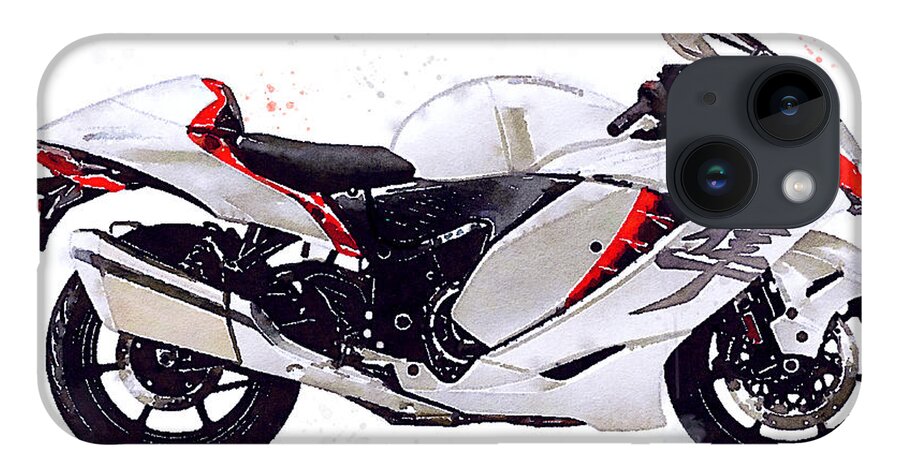 Sport iPhone 14 Case featuring the painting Watercolor Suzuki Hayabusa GSX 1300R motorcycle - oryginal artwork by Vart. #1 by Vart Studio